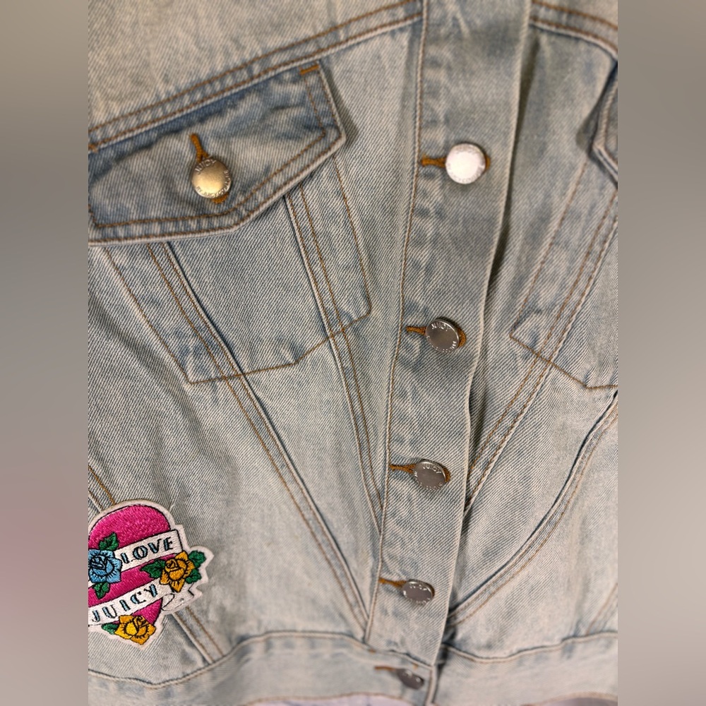 Juicy Couture Cabana Wash Tattoo Patch Distressed Cropped Urban Denim Jacket S - Picture 4 of 14